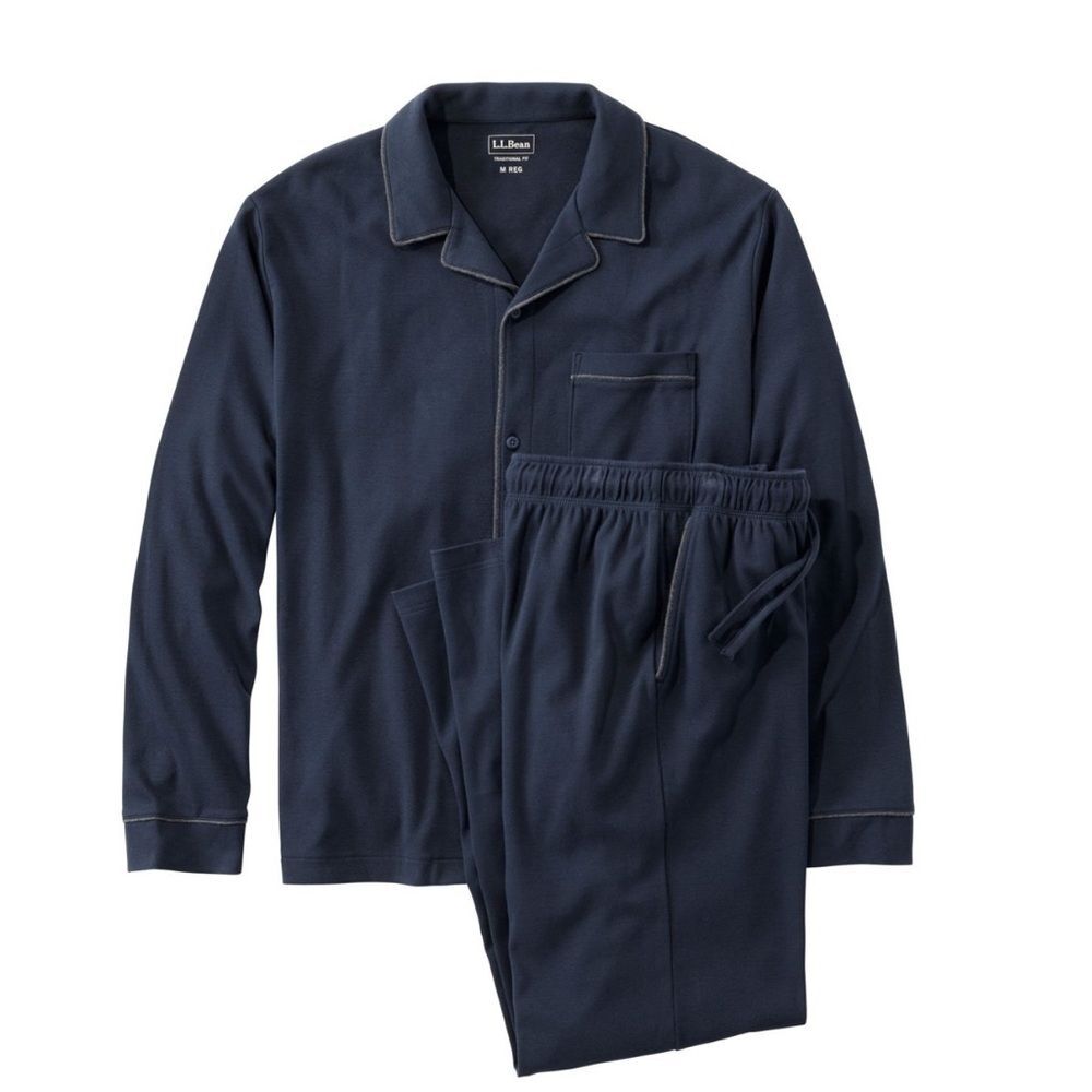 L.L. Bean Men's Bean's Cotton Knit Pajamas, Button-Front PJ Set in Navy Small